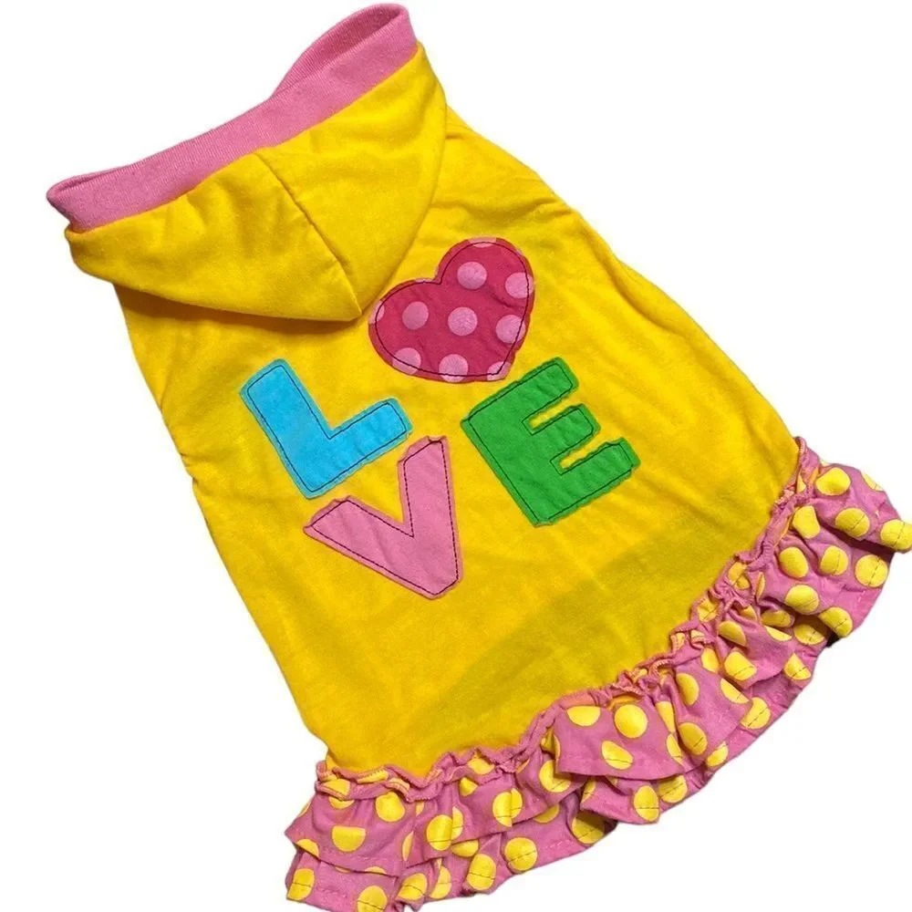 LOVE Embroidered Pink Yellow Polka Dot Dog Dress